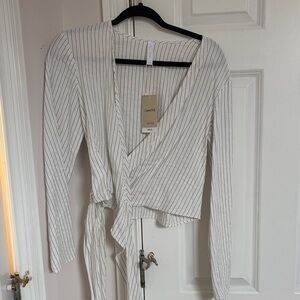 Mango White Pinstripe Wrap Blouse